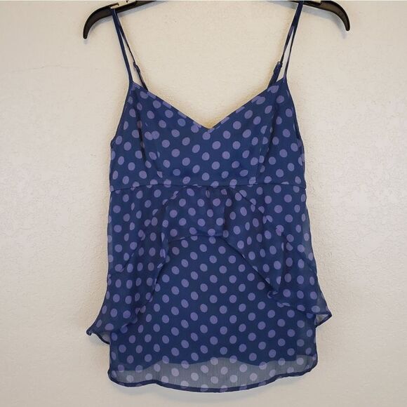American Eagle Polka Dot Crepe Ruffled Navy V Neck Camisole Blouse Top - Picture 1 of 5